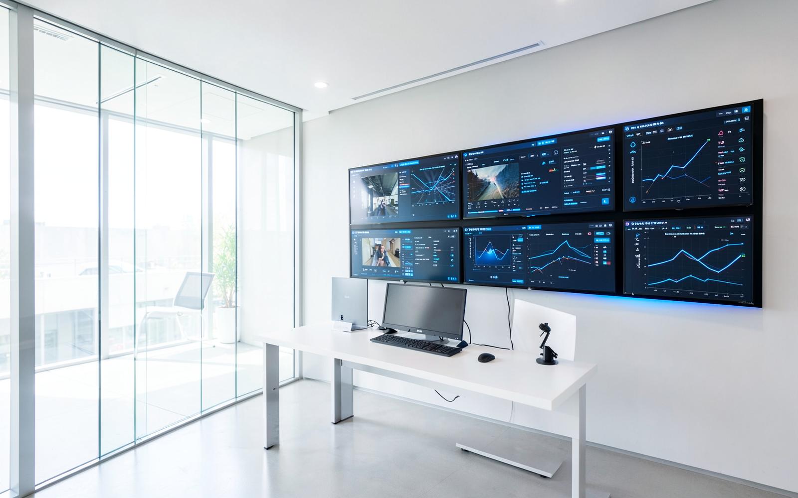Commercial surveillance monitoring wall showing warehouse and parking camera feeds