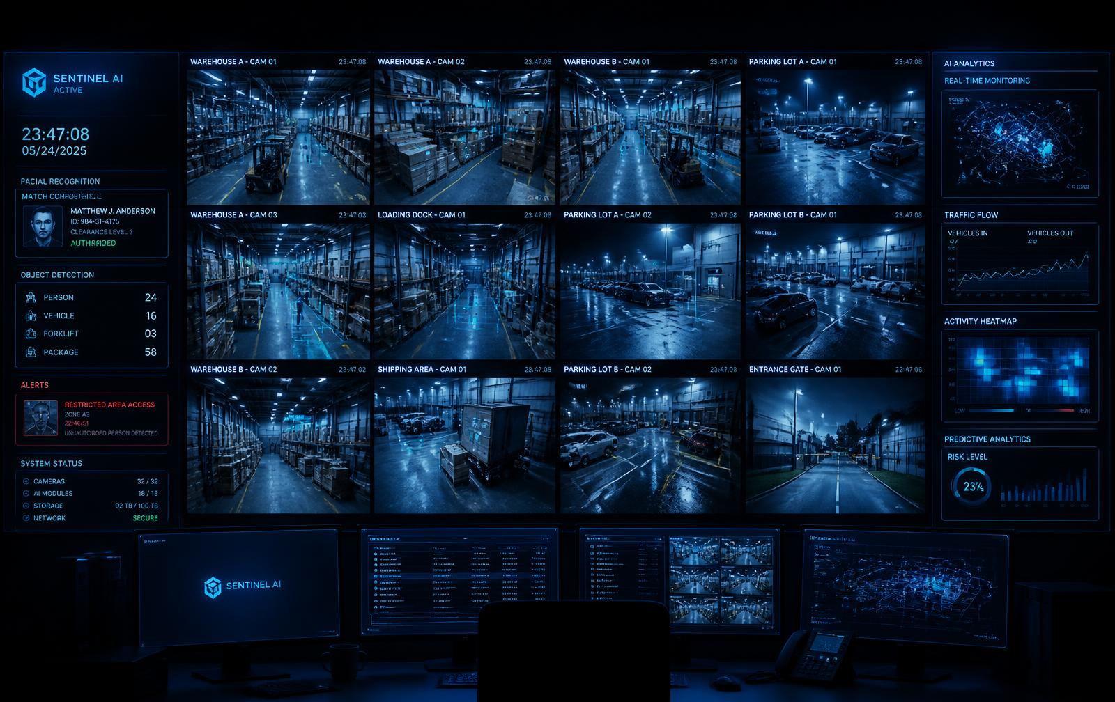 Commercial surveillance monitoring wall showing warehouse and parking camera feeds with AI analytics